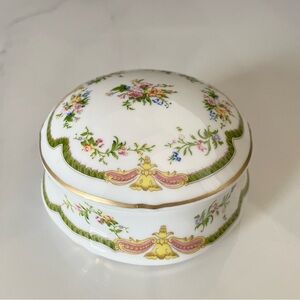 Floral & Green Lidded Trinket or Jewelry Box - Limoges